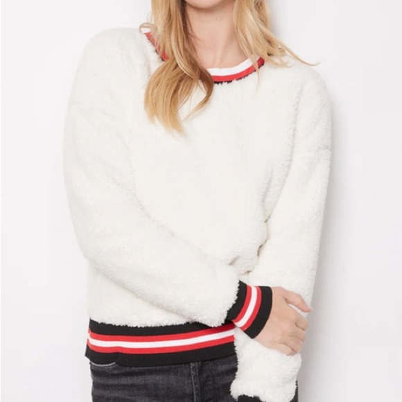 Evereve Kodi Sherpa Varsity Pullover White   Fleece Cozy Sweater Small Winter - Picture 1 of 11